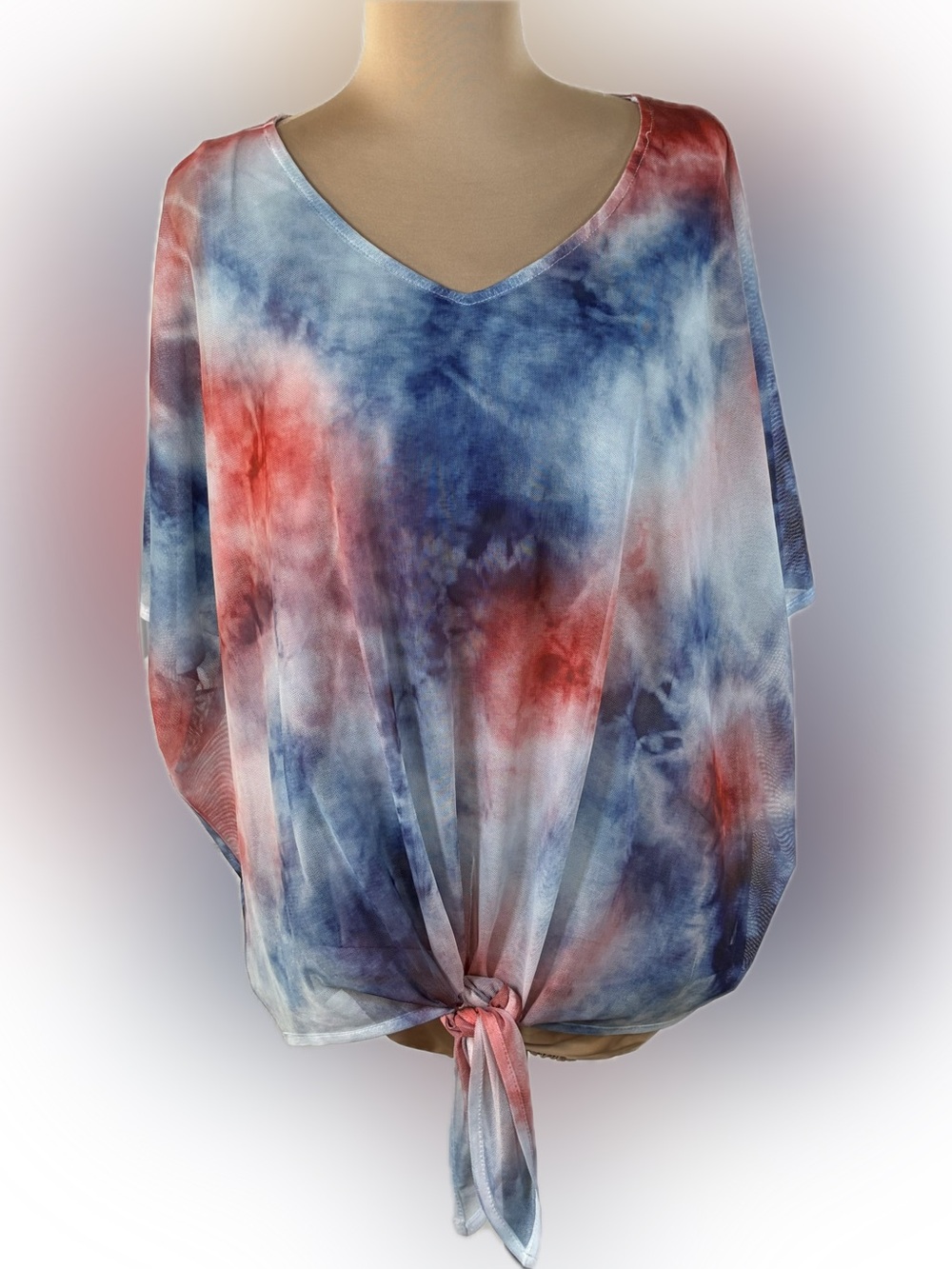 ONE WORLD Tie-Front V-Neck Tie-Dye Tunic in Blue & Red